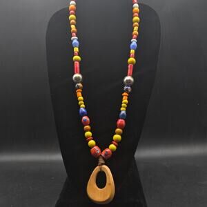 Colorful Glass Ceramic Beaded Necklace with Wood Pendant